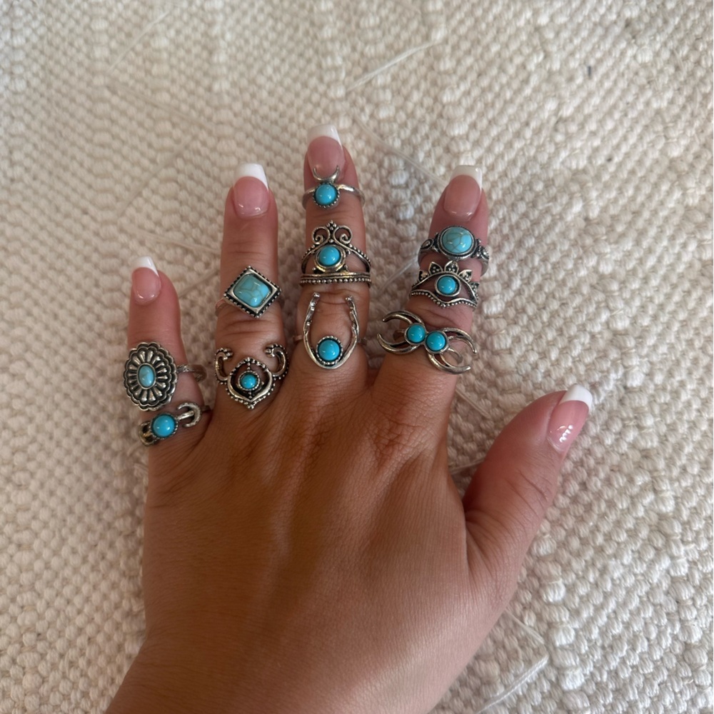Turquoise Silver Bohemian Ring Set